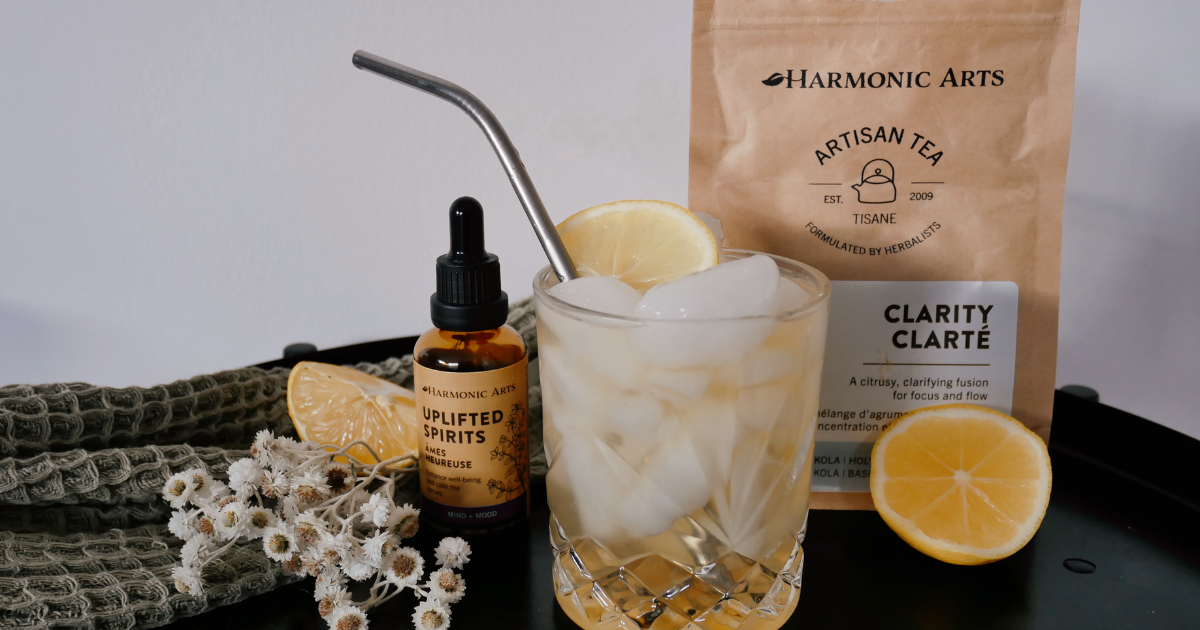 Image features a Mind and Mood Mocktail with a bottle of Uplifted Spirits and a bag of Clarity Tea in the background.